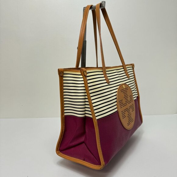 Tory Burch Viva Perforated Logo Colorblock Leather Tote Black White Burgundy - Picture 2 of 7